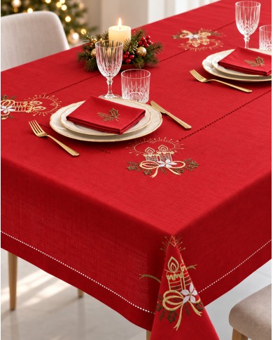 Tovaglia con tovaglioli 12 posti Natale ricamata candele by Maison Prestige