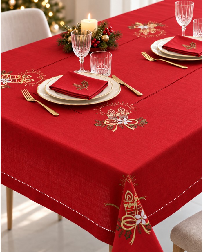 Tovaglia con tovaglioli 12 posti Natale ricamata candele by Maison Prestige