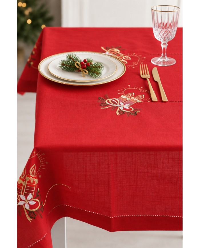 Tovaglia con tovaglioli 12 posti Natale ricamata candele by Maison Prestige