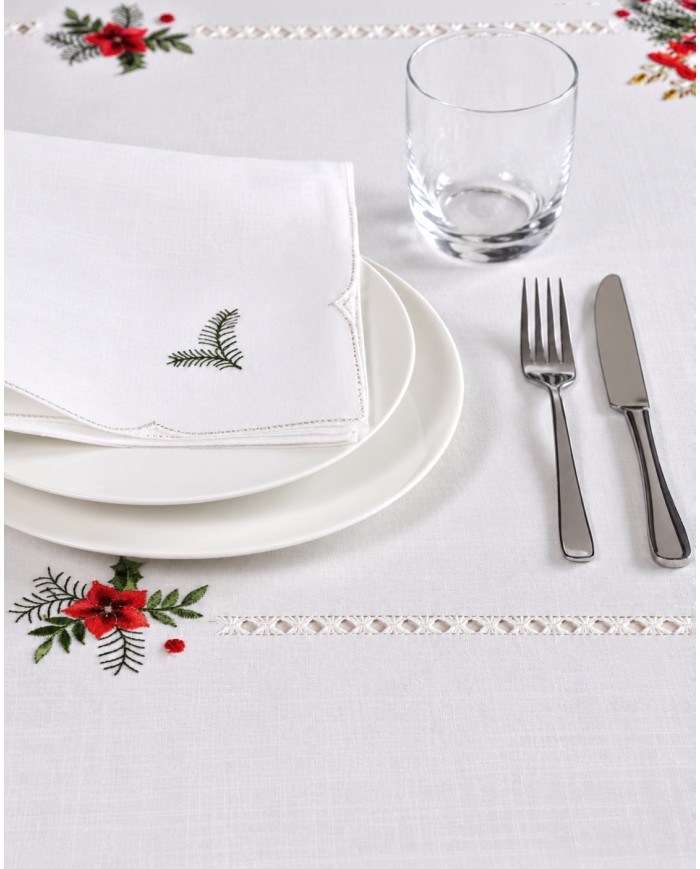 Tovaglia ricamata Natale 12 posti con tovaglioli art. 5297