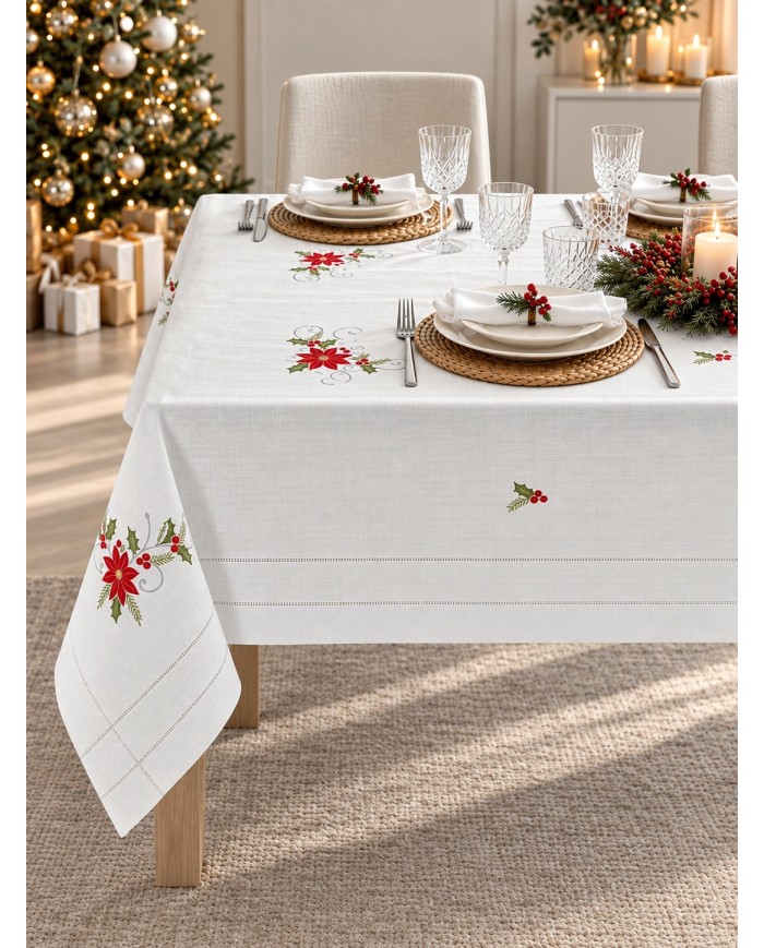 Tovaglia con tovaglioli 12 posti ricamata Natale art. 3886 Silver