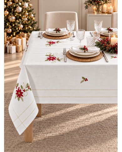 Tovaglia con tovaglioli 12 posti ricamata Natale art. 3886 Gold