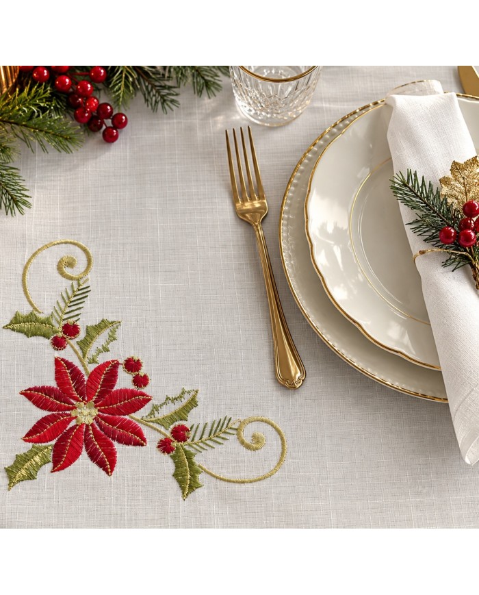 Tovaglia con tovaglioli 12 posti ricamata Natale art. 3886 Gold