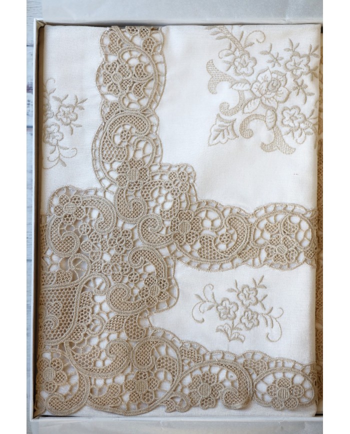 Parure Lenzuola matrimoniali in lino ricamate mod. Burano ecrù