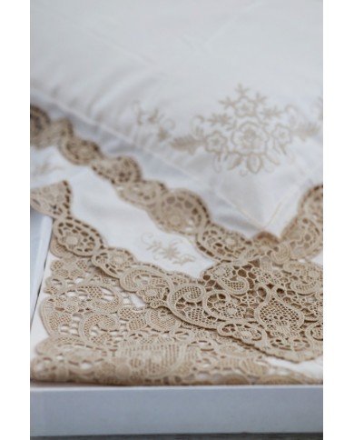 Parure Lenzuola matrimoniali in lino ricamate mod. Burano ecrù