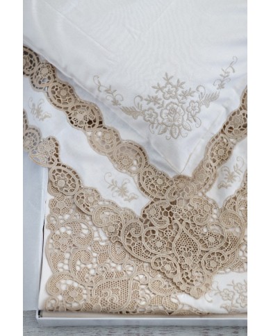 Parure Lenzuola matrimoniali in lino ricamate mod. Burano ecrù