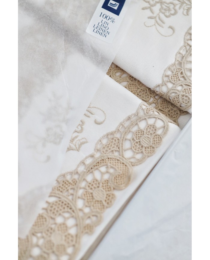 Parure Lenzuola matrimoniali in lino ricamate mod. Burano ecrù