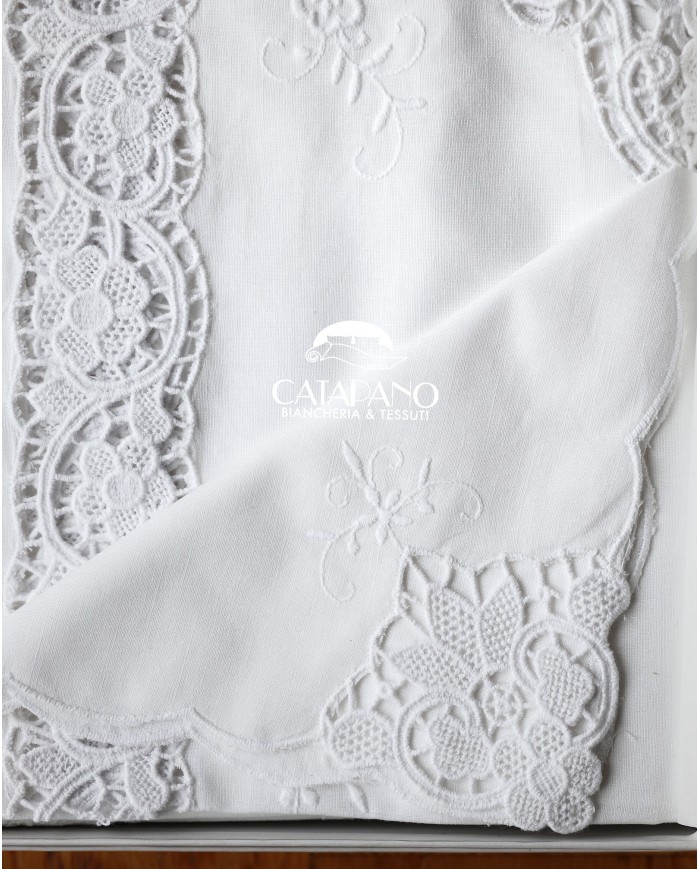 Tris in lino: copriletto, lenzuola e tovaglia Burano Maison Prestige Bianco