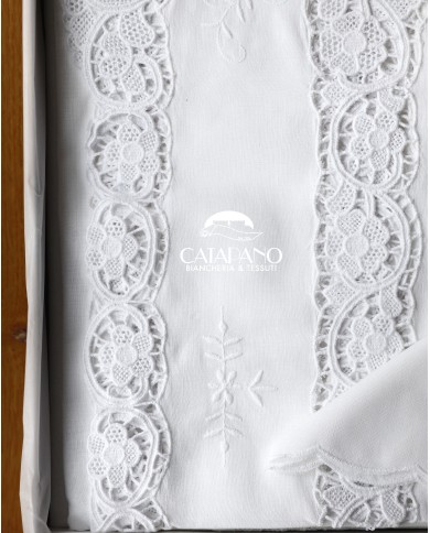 Tris in lino: copriletto, lenzuola e tovaglia Burano Maison Prestige Bianco